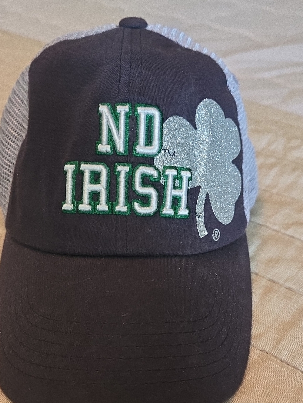 Trucker Cap Notre Dame Trucker Hat in Blue with Silver Shamrock